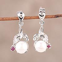 Rhodium plated cultured pearl and ruby dangle earrings,