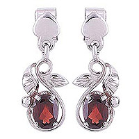 Rhodium plated garnet dangle earrings, 'Radiant Vines' - Rhodium Plated Leaf Motif Garnet Dangle Earrings