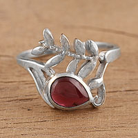 Rhodium plated garnet cocktail ring, 'Empress of India' - Indian Handcrafted Sterling Silver and Garnet Cocktail Ring