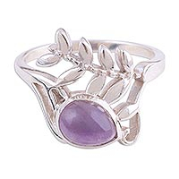 Rhodium plated amethyst cocktail ring, 'Fruit of the Jungle' - Rhodium Plated Amethyst Ring with Leaf Motif