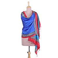 Silk shawl, 'Royal Blue Fascination' - Block Printed Fringed Silk Shawl in Royal Blue from India