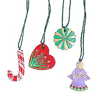Ceramic ornaments, 'Joyful Christmas' (set of 4) - Four Hand-Painted Colorful Ceramic Ornaments from India