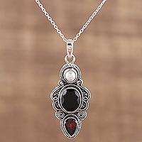 Multi-gemstone pendant necklace, 'Midnight Wonder' - Onyx Garnet and Cultured Pearl Pendant Necklace from India