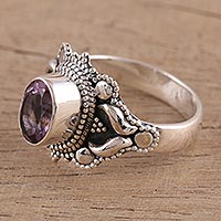 Amethyst cocktail ring, 'Ethereal Tendrils' - Oval Amethyst and Sterling Silver Cocktail Ring from India