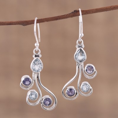 Blue topaz and iolite dangle earrings, Colorful Shower