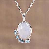 Rainbow moonstone and blue topaz pendant necklace,