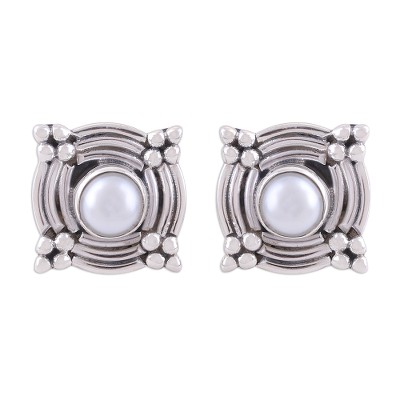 Cultured pearl button earrings, Graceful Gleam