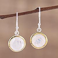Gold accented rainbow moonstone dangle earrings,