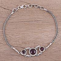 Garnet pendant bracelet, 'Bridge to Delhi' - Garnet Cabochon Pendant Bracelet in Sterling Silver