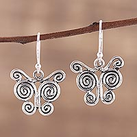 Sterling silver dangle earrings, 'Butterfly Spiral' - Butterfly Themed Sterling Silver Dangle Earrings
