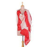 Silk shawl, 'Speckled Beauty' - Handwoven Red and Ivory Polka Dot Silk Shawl from India