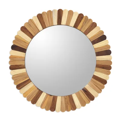 Wood wall mirror, 'Woodland Delight' - Artisan Crafted Round Mango Wood Wall Mirror from India