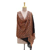 Silk shawl, 'Exquisite Dynasty' - Handwoven Black and Peach Silk Shawl from India