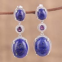 Rhodium plated lapis lazuli and amethyst dangle earrings,
