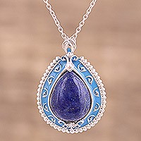 Rhodium plated lapis lazuli pendant necklace,