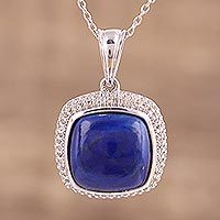 Rhodium plated lapis lazuli and topaz pendant necklace,