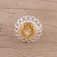 Citrine cocktail ring, 'Golden Floret' - Citrine and Sterling Silver Floral Cocktail Ring from India