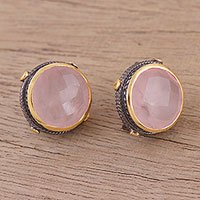 Gold accented rose quartz button earrings,