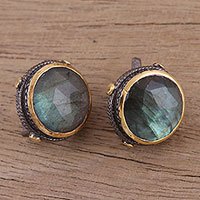 Gold accented labradorite button earrings,