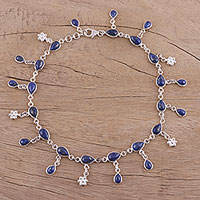 Lapis lazuli anklet, 'Tidal Luster' - Handmade Lapis Lazuli and Sterling Silver Anklet from India