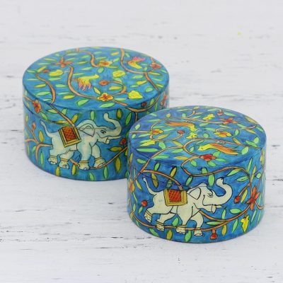 Wood decorative boxes, 'Garden Splendor' (pair) - Hand Crafted Decorative Wood Cylindrical Boxes (Pair)