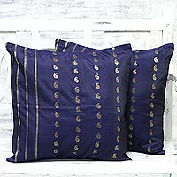 Silk cushion covers, 'Royal Recollections in Blue' (pair) - Artisan Crafted 100% Silk Cushion Covers (Pair)