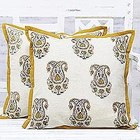 Cotton cushion covers, 'Paisley Pride' (pair) - Cotton Paisley Pattern Antique White Cushion Covers (Pair)