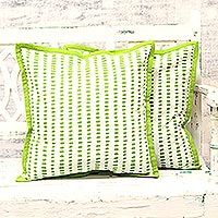 Cotton cushion covers, 'Green Delight' (pair) - Green and White Cotton Printed Dotted Pair of Cushion Covers