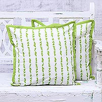 Cotton cushion covers, 'Green Grass' (pair) - Green and White Cotton Printed Grass Pair of Cushion Covers