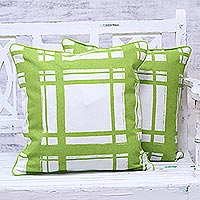 Cotton cushion covers, 'Green Skylight' (pair) - Screen Printed Green 100% Cotton Cushion Cover Pair India