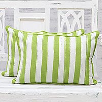 Cotton cushion covers, 'Green Fence' (pair) - 100% Cotton Screen Printed Striped Pair of Cushion Covers