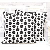 Cotton cushion covers, 'Spherical Delight' (pair) - 2 Handmade Black and White Dotted Cotton Cushion Covers