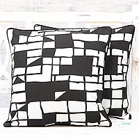 Cotton cushion covers, 'Geometric Windows' (pair) - Pair of 100% Cotton Abstract Black and White Cushion Covers
