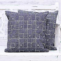 Embroidered denim cushion covers, 'Midnight Harmony' (pair) - Two Square Motif Denim Cushion Covers from India