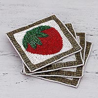 Glass beaded coasters, 'Sweet Strawberry' (set of 4) - Set of Four Glass Beaded Strawberry Coasters from India