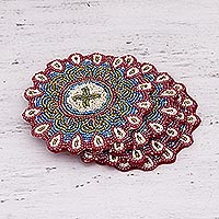 Glass beaded coasters, 'Floral Brilliance' (set of 4) - Set of Four Glass Beaded Coasters from India