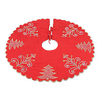 Cotton tree skirt, 'Christmas Celebrations' - Embroidered Cotton Tree Skirt in Poppy from India