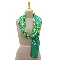 Cotton batik scarf, 'Floret' - Floral Hand Printed Batik Scarf in Green from India