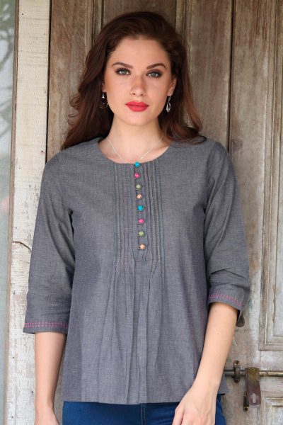 Cotton tunic, 'Elegant Grey' - Stone Grey 100% Cotton Embroidered Front Button Tunic