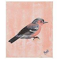 'Wintry Evening' - Signed Painting of a Sparrow in Pink from India