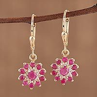 Gold plated ruby and topaz dangle earrings,