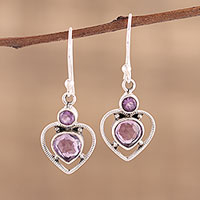 Amethyst dangle earrings, 'Lavender Heart' - Handmade 925 Sterling Silver Amethyst Heart Earrings