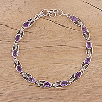 Amethyst link bracelet, 'Lavender Spell' - Handmade Sterling Silver and Amethyst Bracelet from India