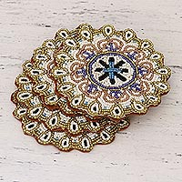Beaded coasters, 'Beaded Sun' (set of 4) - Glass Bead Round Coasters with Floral Pattern (Set of 4)