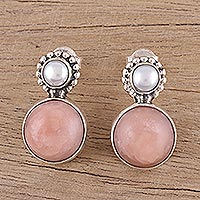 Cultured pearl and opal drop earrings, 'Moonlit Blush' - Cultured Freshwater Pearl and Pink Opal Drop Earrings