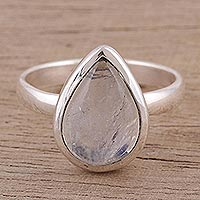 Rainbow moonstone single stone ring, 'Natural Drop' - Teardrop Rainbow Moonstone Single Stone Ring from India