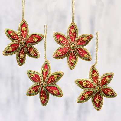 Beaded ornaments, Red Stars (set of 4)
