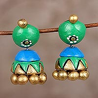 Ceramic dangle earrings, 'Verdant Harmony' - Green Gold and Blue Ceramic Jhumki Painted Dangle Earrings