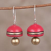 Ceramic dangle earrings, 'Graceful Dome' - Hand-Painted Red and Gold Ceramic Domed Dangle Earrings