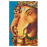 'Twin Ganapati' - Signed Expressionist Painting of Ganesha from India